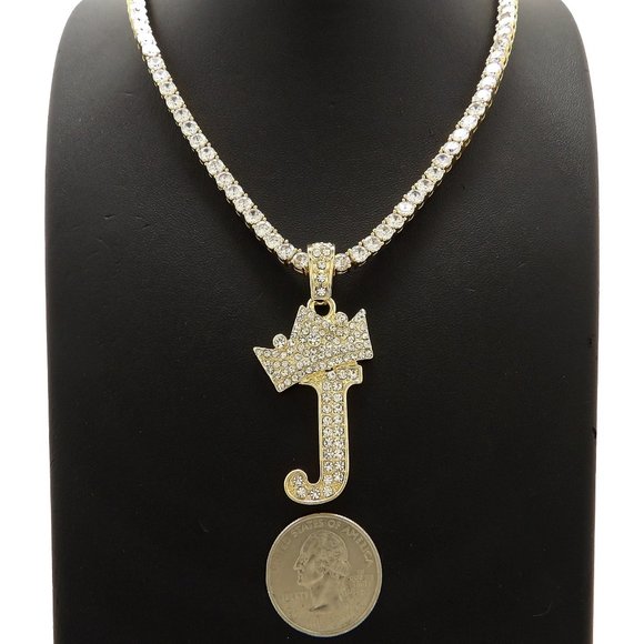 Initial Letter "J" Pendant Tennis Chain Necklace - Picture 1 of 10